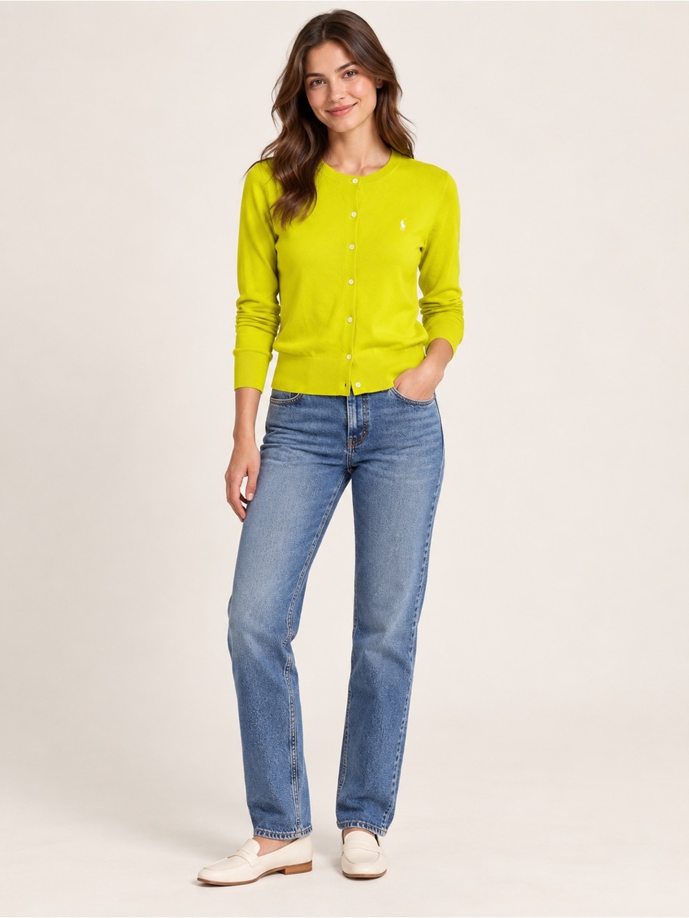 Polo Ralph Lauren Chartreuse Button Cardigan White Pony Women’s XL